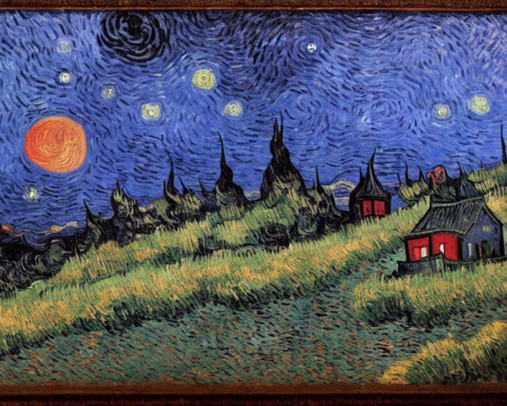 Night sky painting with crescent moon over glowing village landscape