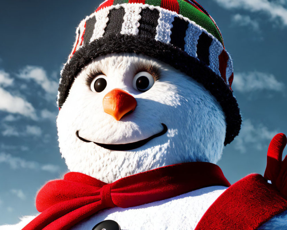 Colorful Snowman with Carrot Nose in Winter Scene