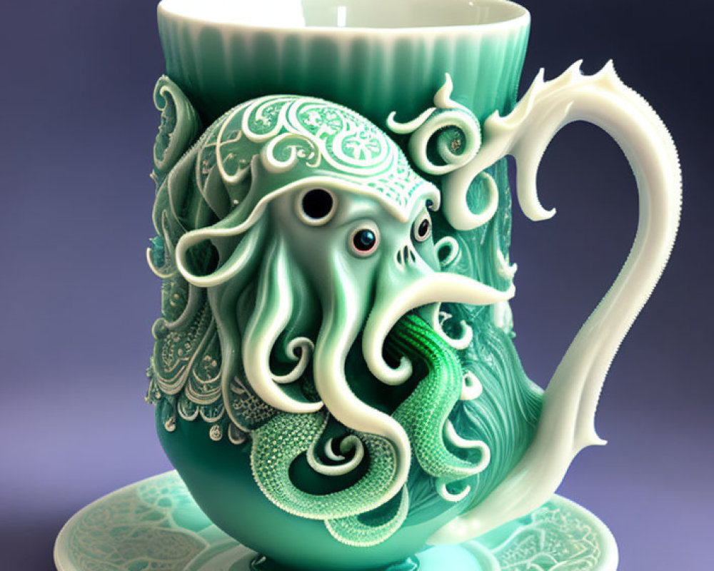 Turquoise Ceramic Octopus Mug on Matching Saucer - Purple Background