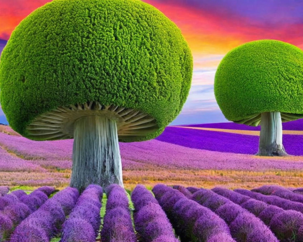 Surreal landscape: oversized mushrooms in lavender field under orange sky