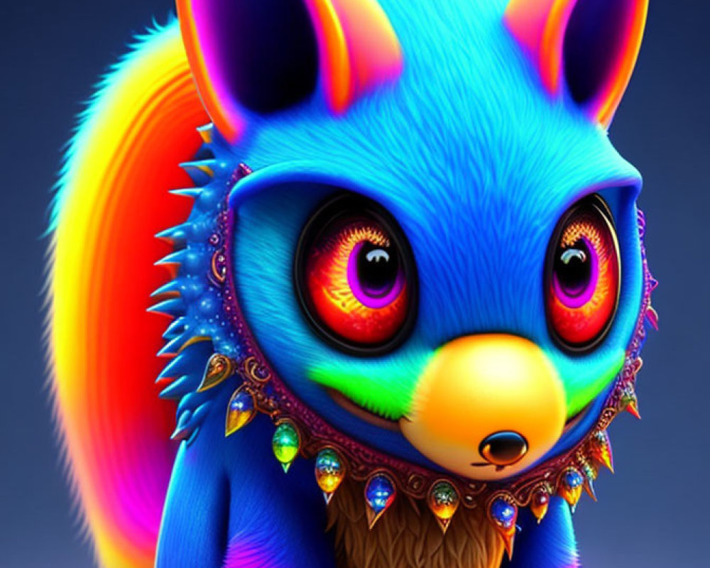 Blue-furred creature with orange eyes and bejeweled collar on purple background