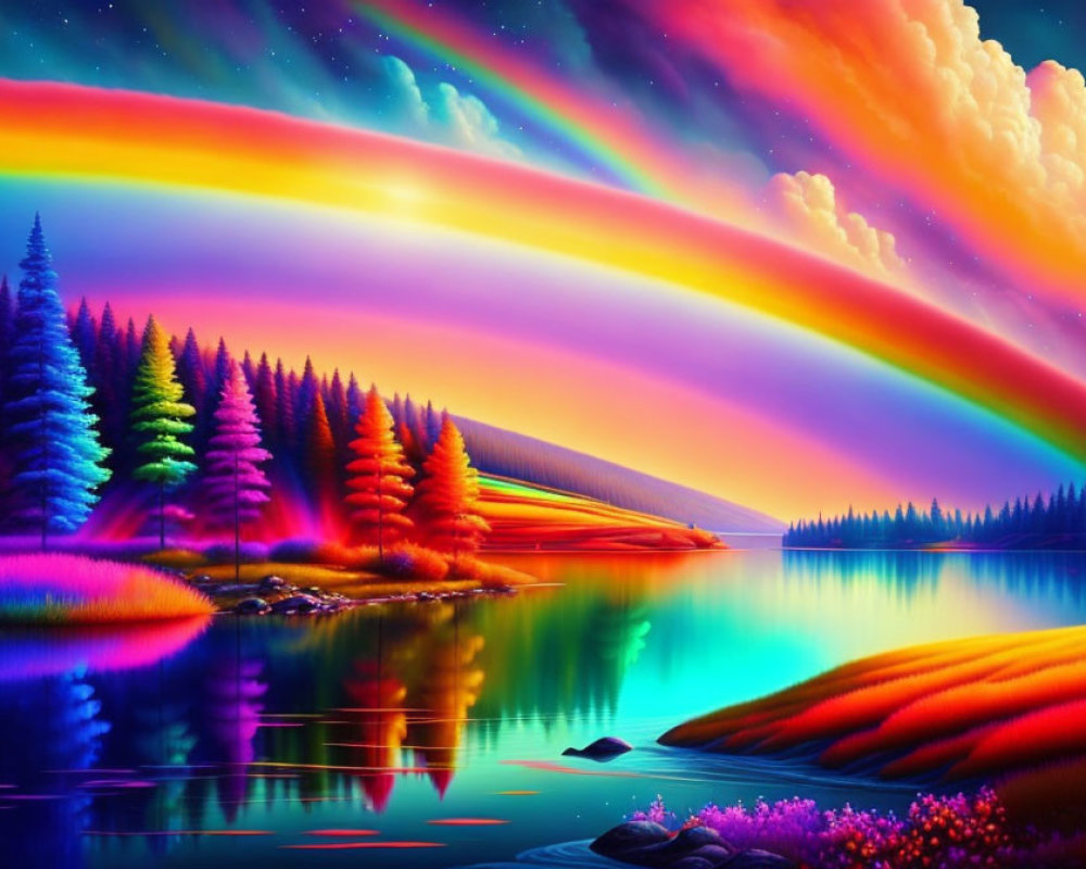 Colorful Landscape with Rainbow, Trees, Lake, and Twilight Sky