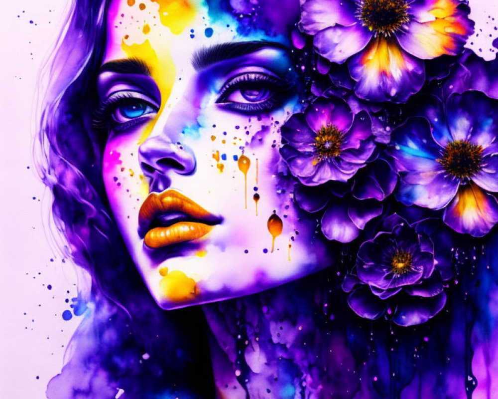 Colorful artwork: Woman's face merged with purple and yellow flowers