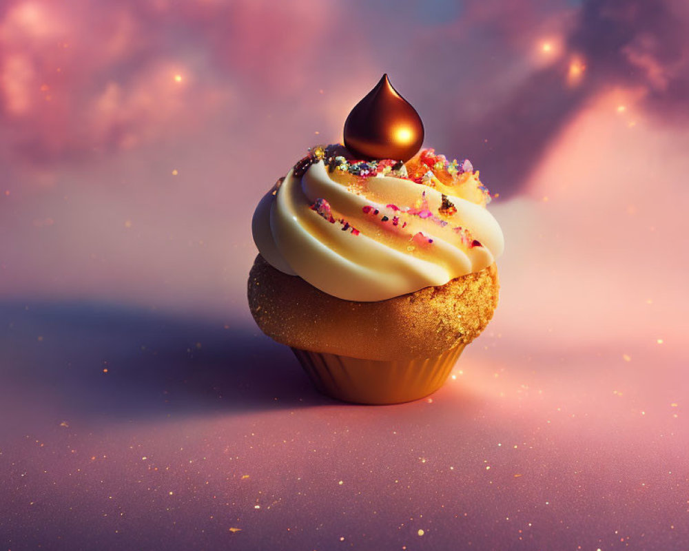 Golden cupcake with creamy icing and sprinkles on pink and purple bokeh.