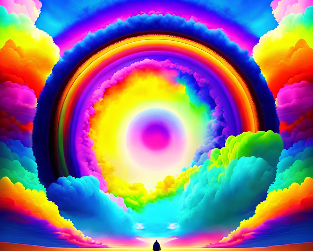 Silhouette of person under vibrant rainbow swirl in surreal sky