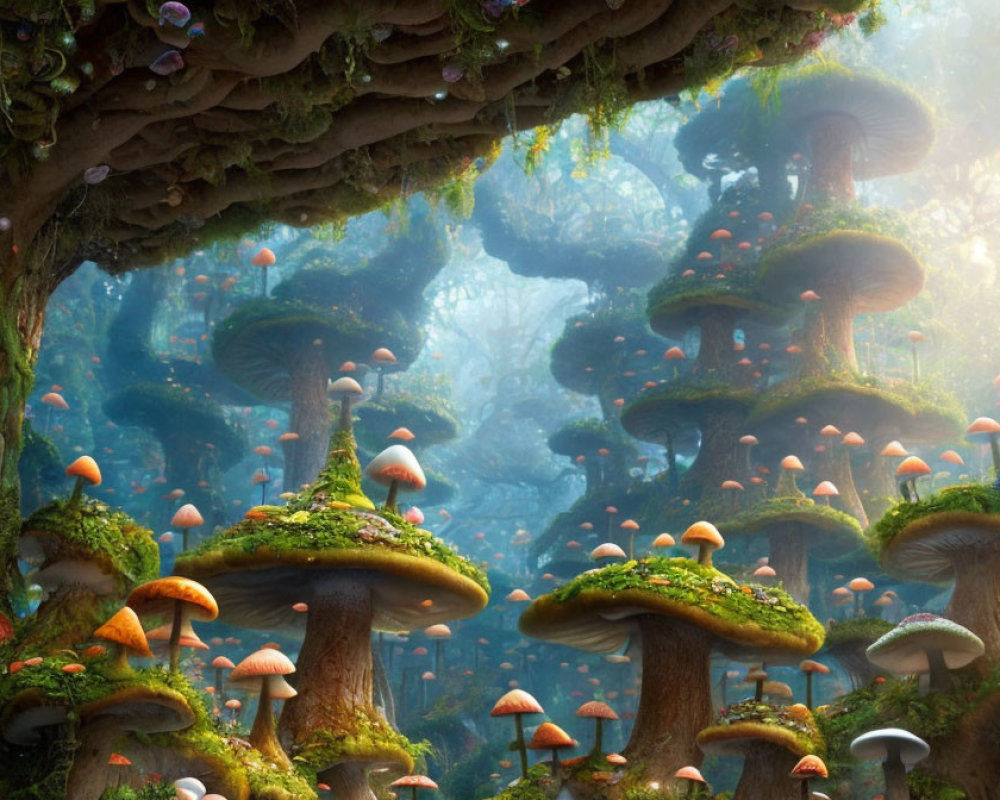 Enchanted forest with towering moss-covered mushrooms