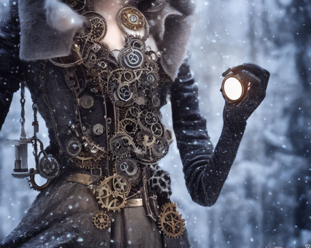 Steampunk-style figure with gears holding glowing orb in snowfall