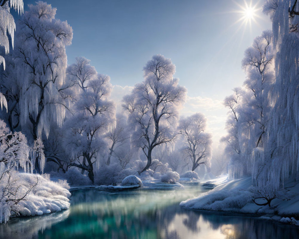 Snow-covered trees, frozen river, bright sun in serene winter scene