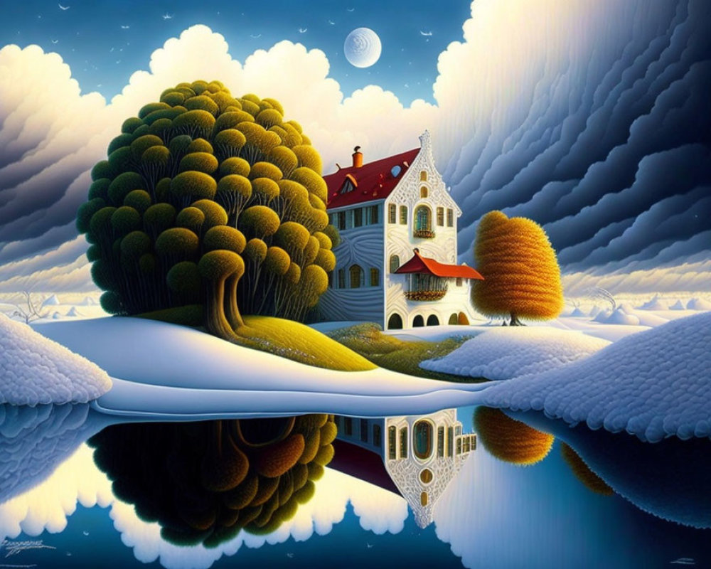 Whimsical house in vibrant surreal landscape with moonlit sky