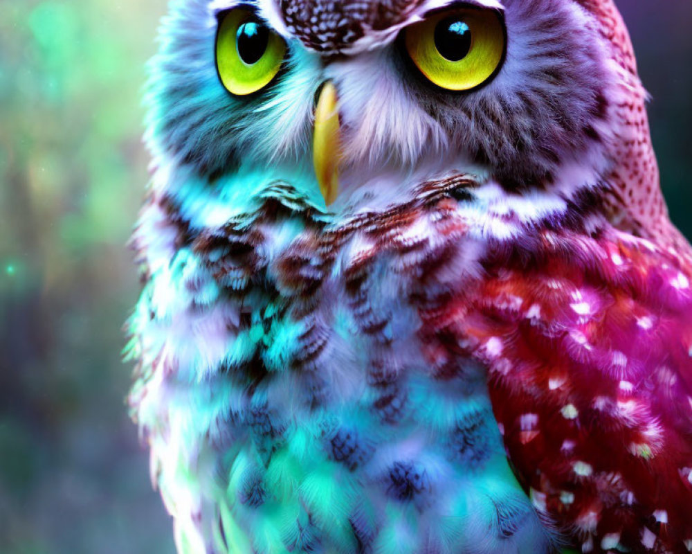 Colorful digitally enhanced owl with green eyes and vibrant feathers on bokeh background