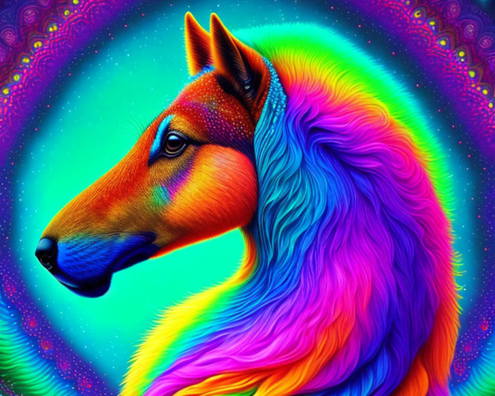 Colorful Digital Illustration of Horse with Neon Mane on Ornate Background