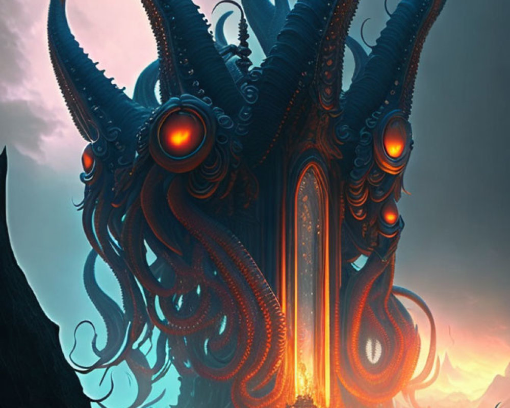 Giant octopus with glowing red eyes in blue landscape