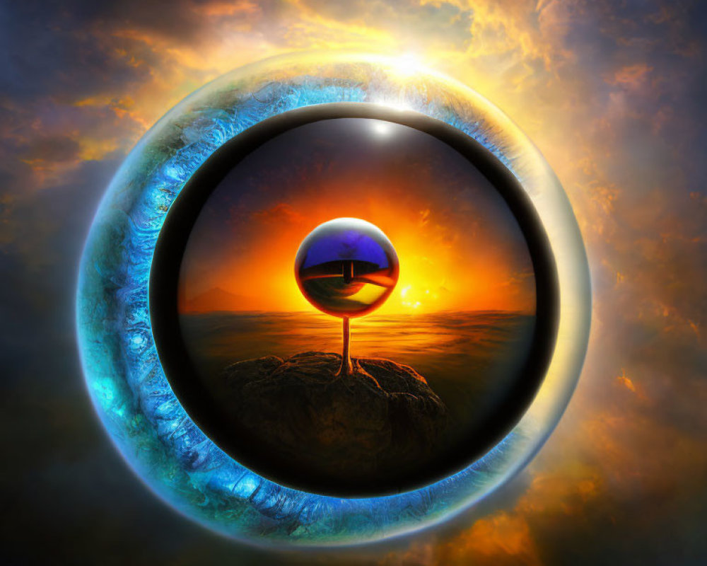 Giant Eye with Reflective Sphere: Surreal Sunset Landscape Art