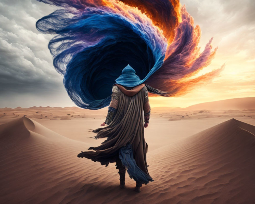 Figure in flowing robes with headscarf in desert with vibrant blue and orange swirl