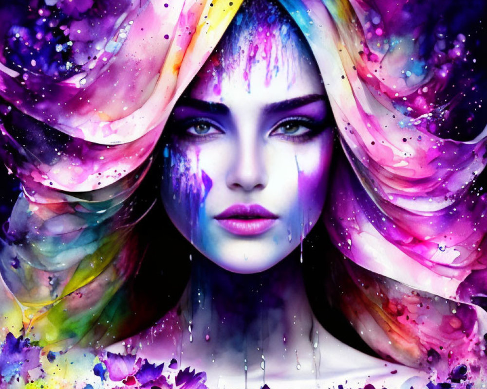 Colorful abstract floral design blending with woman's flowing hair.