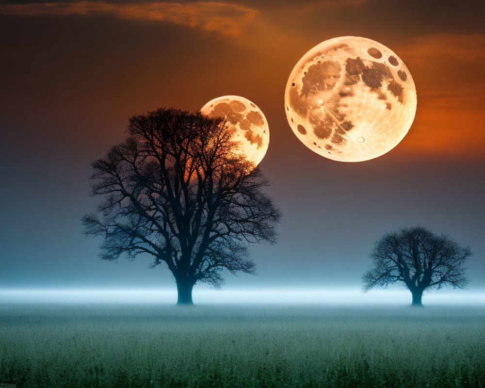 Surreal landscape with two large moons and silhouetted trees