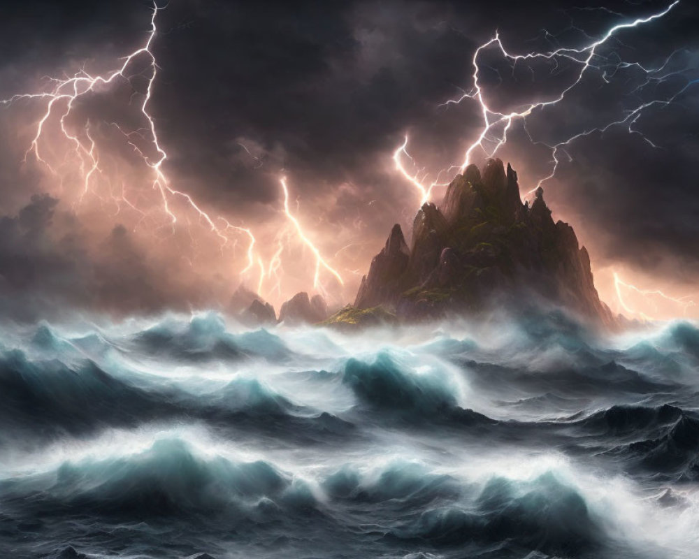 Stormy Sea with Towering Waves and Lightning Strikes Above Rocky Island