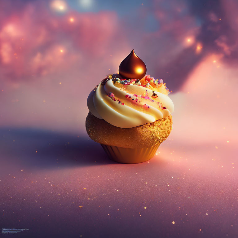 Golden cupcake with creamy icing and sprinkles on pink and purple bokeh.