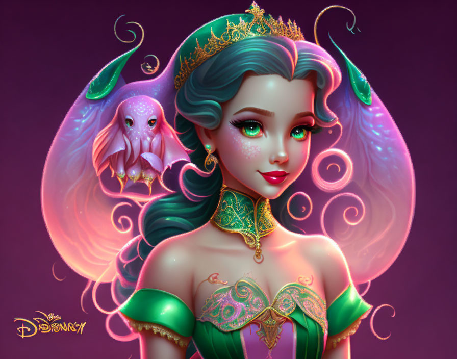 Fantasy princess with turquoise hair and pink owl on pink backdrop