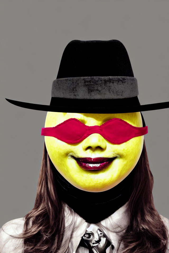 Yellow-faced person with red lips in black hat and blindfold on grey background