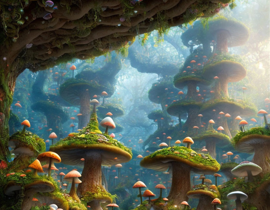 Enchanted forest with towering moss-covered mushrooms