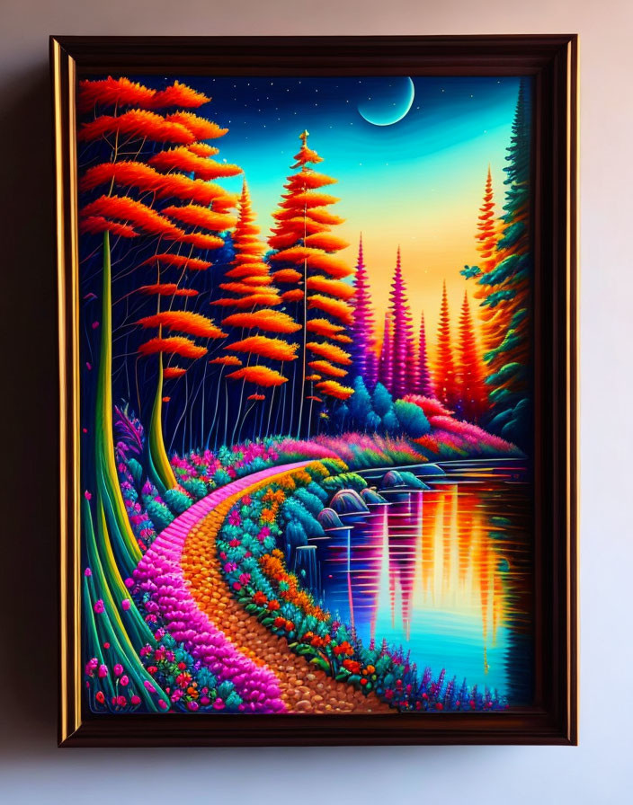 Neon-colored forest painting with crescent moon and starry sky