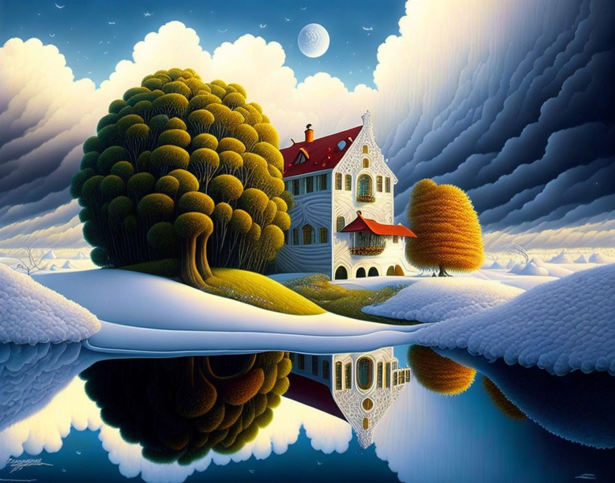 Whimsical house in vibrant surreal landscape with moonlit sky