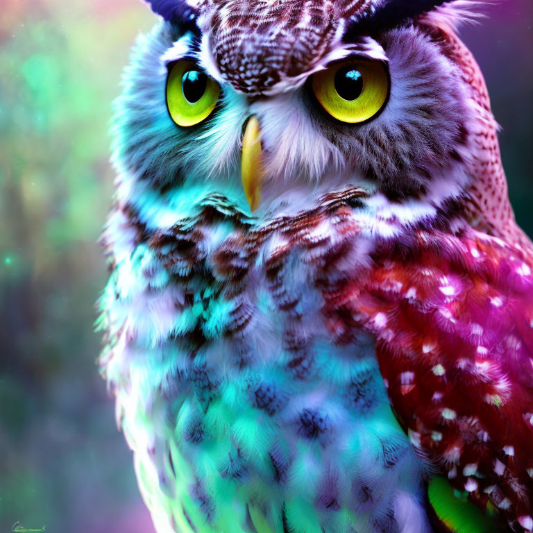 Colorful digitally enhanced owl with green eyes and vibrant feathers on bokeh background