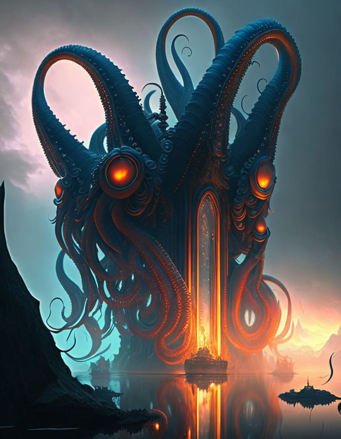 Giant octopus with glowing red eyes in blue landscape