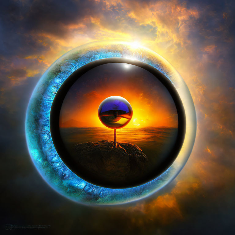 Giant Eye with Reflective Sphere: Surreal Sunset Landscape Art