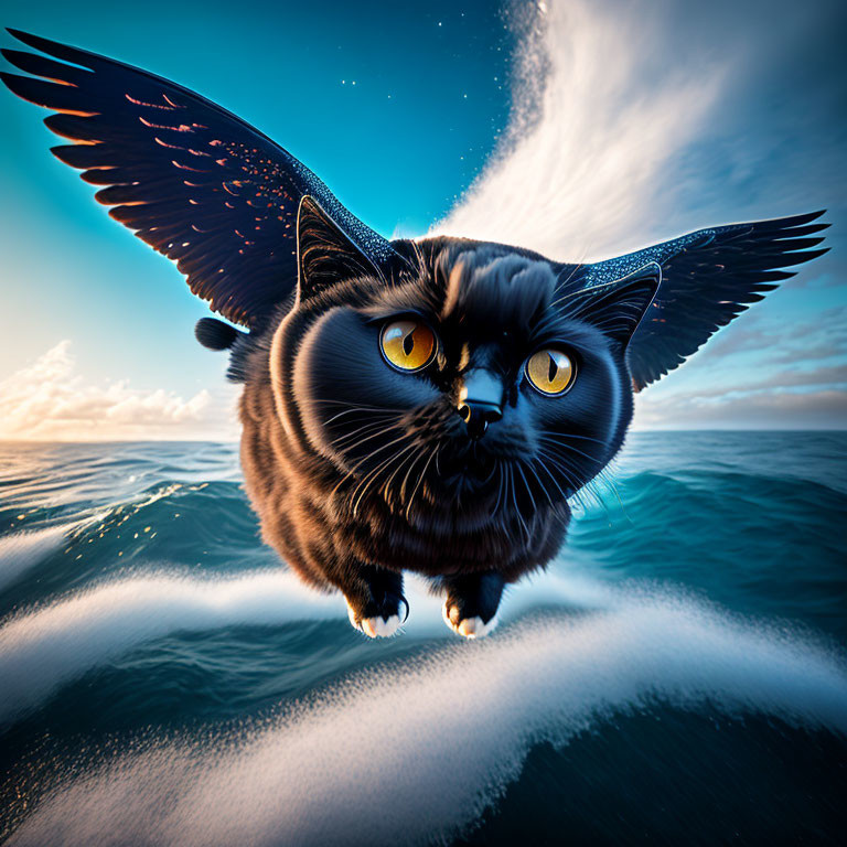 Whimsical black cat with bird-like wings flying over ocean and sky