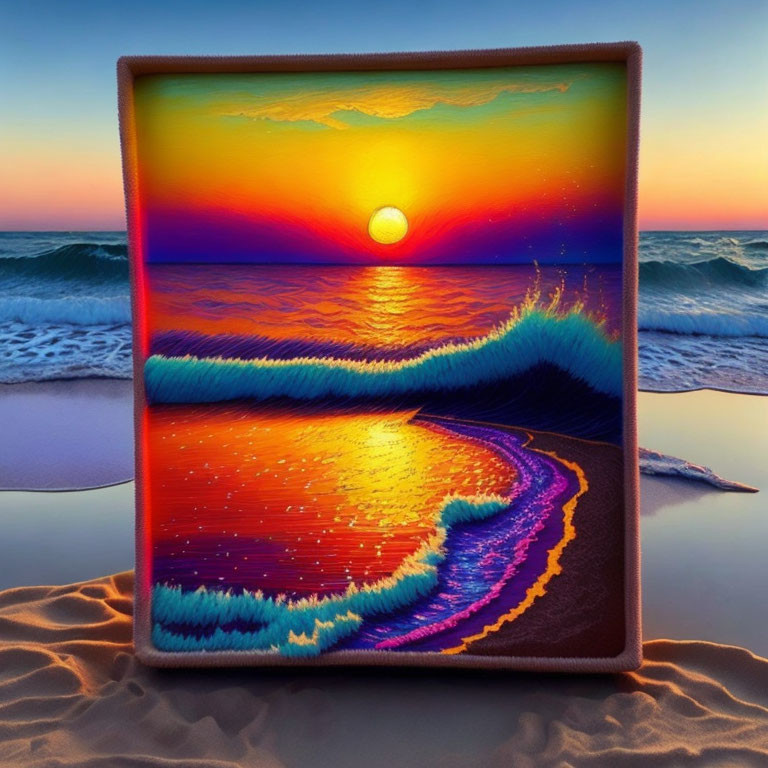 Vibrant sunset over ocean in framed picture on sandy beach