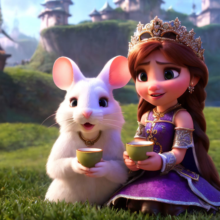 Young princess and hamster tea time in front of fairy-tale castle