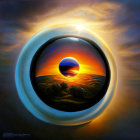 Giant Eye with Reflective Sphere: Surreal Sunset Landscape Art