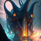 Giant octopus with glowing red eyes in blue landscape