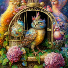 Colorful bird illustration perched near open cage in lush, fantastical flora