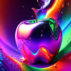 Colorful Abstract Image: Glossy Apple Surrounded by Rainbow Liquid Splashes