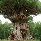 Enchanting treehouse with wooden cabins in ancient tree forest