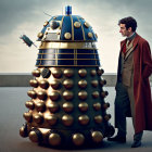 Long-coated figure confronts Dalek on rooftop at dusk