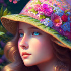 Young woman with blue eyes and floral hat in digital artwork