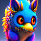 Blue-furred creature with orange eyes and bejeweled collar on purple background