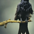 Black Bird Perched on Moss-Covered Branch with Attentive Gaze