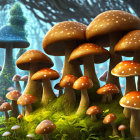 Whimsical oversized mushrooms in enchanted forest among moss-covered trees