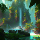 Tranquil forest scene with lush greenery, waterfalls, and sunlight rays