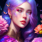 Vibrant digital portrait of woman with purple hair and cosmic makeup