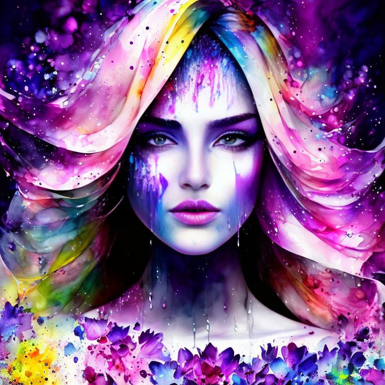 Colorful abstract floral design blending with woman's flowing hair.