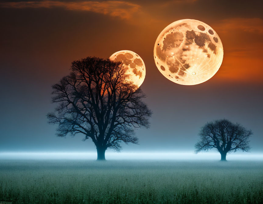 Surreal landscape with two large moons and silhouetted trees