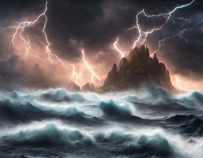 Stormy Sea with Towering Waves and Lightning Strikes Above Rocky Island