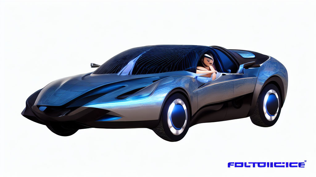 Futuristic Blue Concept Car with Glowing Wheels and Female Driver