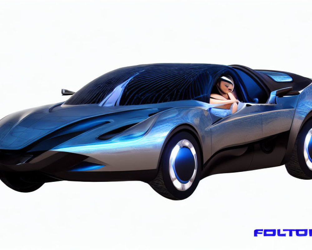 Futuristic Blue Concept Car with Glowing Wheels and Female Driver